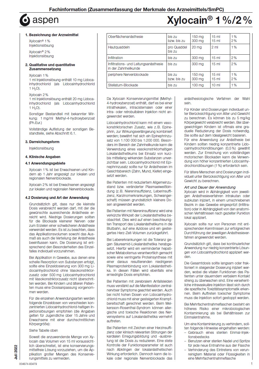 Fachinfo Xylocain® 1 %/2 %