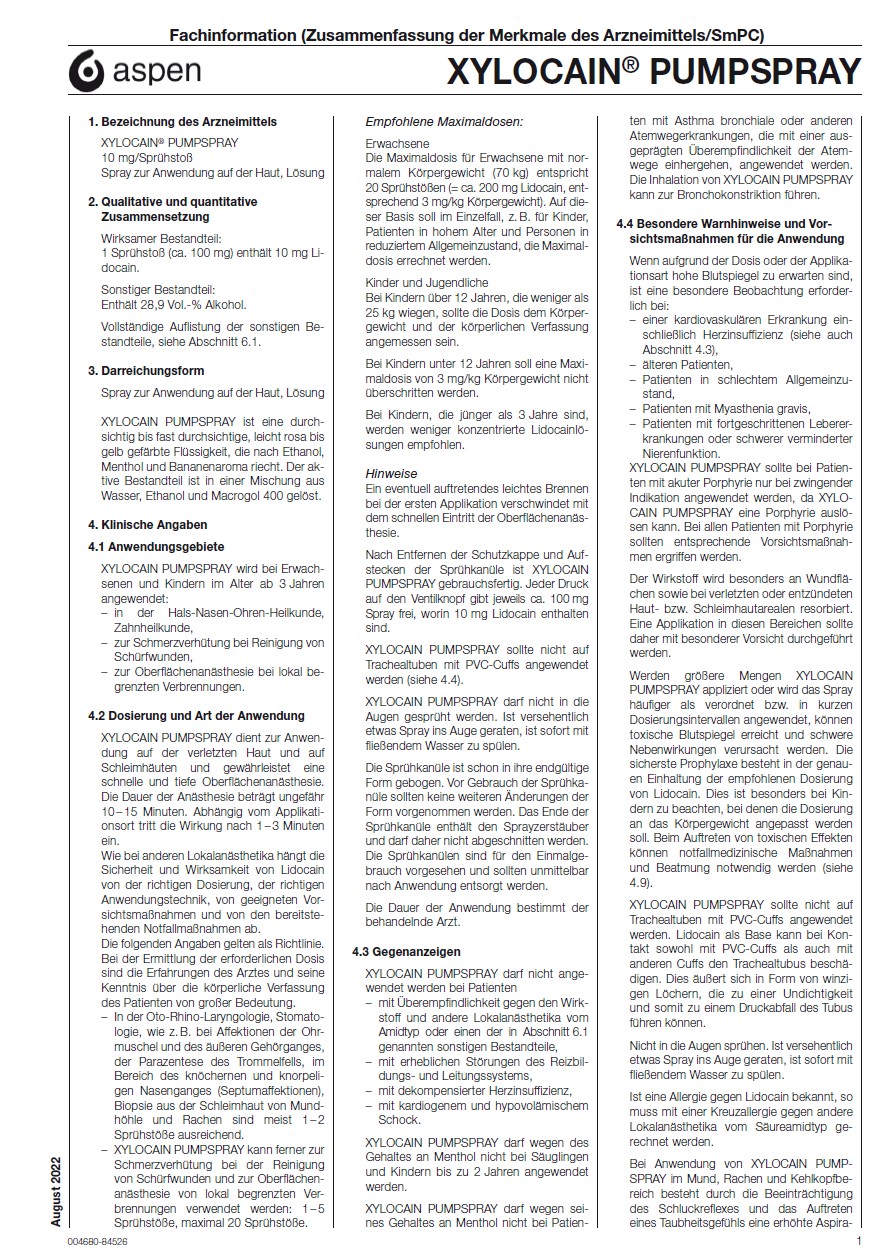 Fachinfo XYLOCAIN® PUMPSPRAY